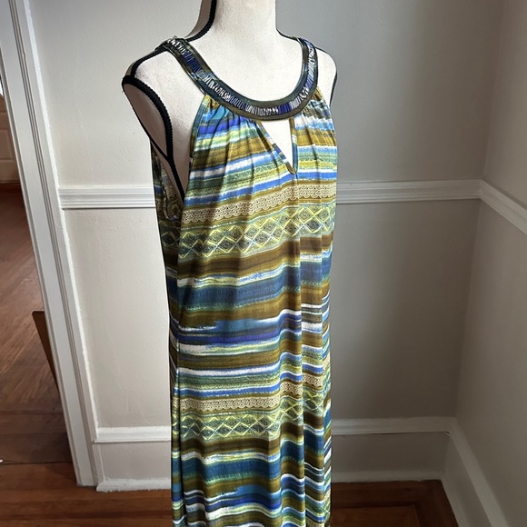 Mlle Gabriel Maxi Dress Bead Embellished Keyhole Neckline Flowy Stripe Print - Picture 4 of 17